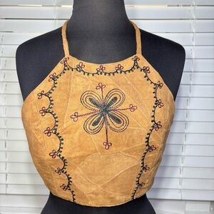 Passport Halter Top Womens Medium Suede Leather Vintage 90s Floral Embroidery